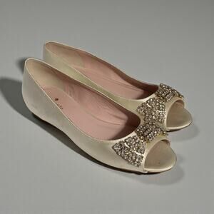 Kate Spade New York Satin Rhinestone Bow Wedge Heels Champagne Ivory Size 7.5